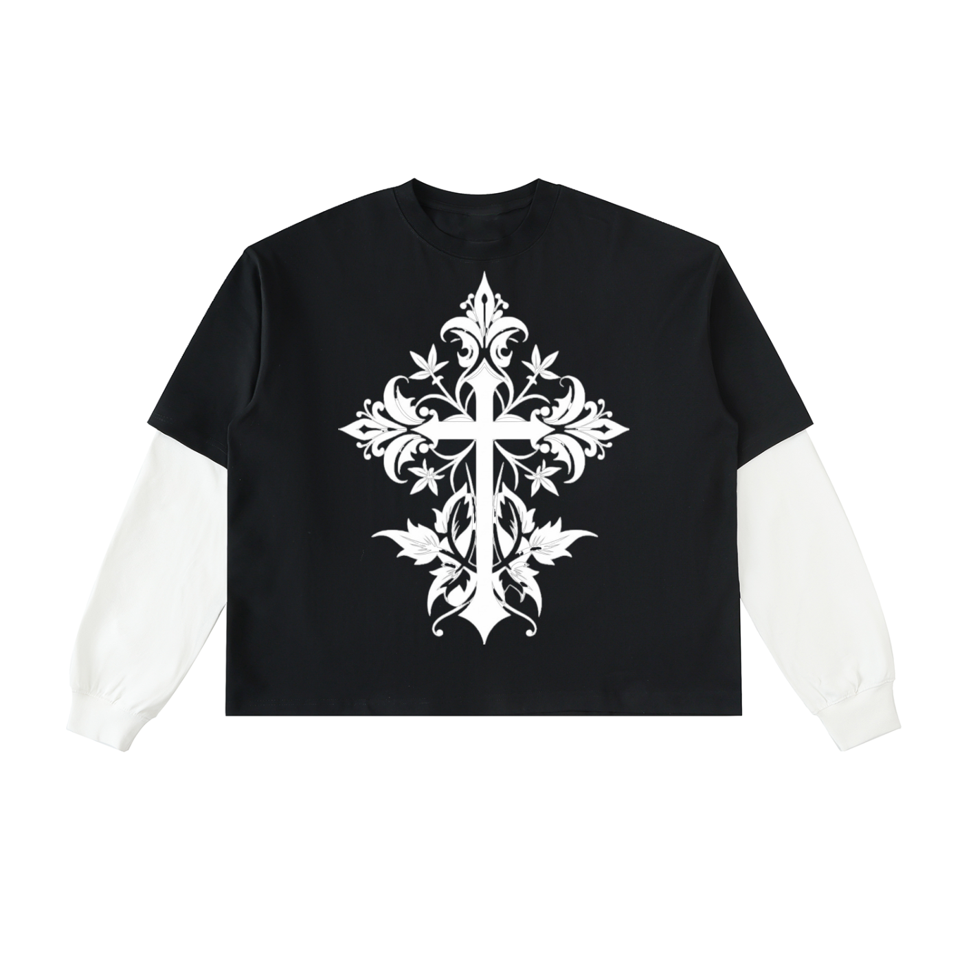 Layered Contrast Sleeve Cotton T-Shirt-Cross