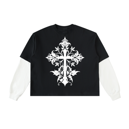 Layered Contrast Sleeve Cotton T-Shirt-Cross