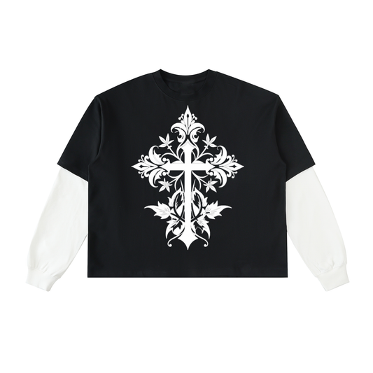 Layered Contrast Sleeve Cotton T-Shirt-Cross
