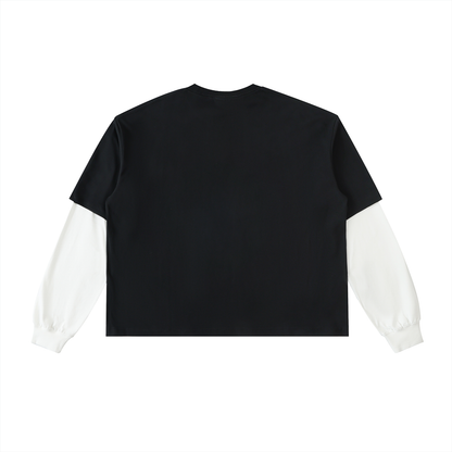 Layered Contrast Sleeve Cotton T-Shirt-Cross